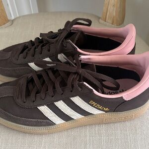 adidas Spezial Brown Suede Sneakers with Pink Collar